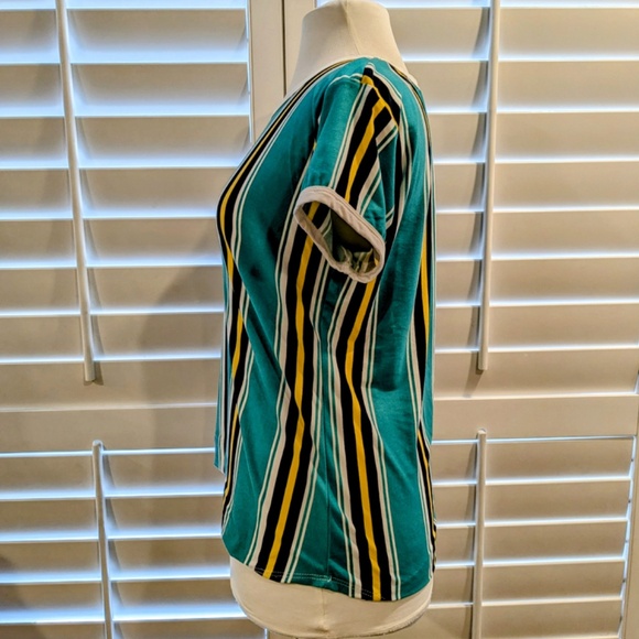 Marci Womens Juniors Green Blue White Yellow Striped Short Sleeve Shirt SzXL GUC - Picture 3 of 8